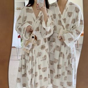 커플 페이스 베어 극세사 수면 잠옷 가운 1color