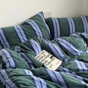 네이비 그린 스트라이프 극세사 침구세트 겨울 이불세트 배개커버 매트리스커버 이불커버