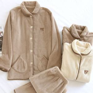 패밀리 남성용 여성용 커플 곰돌이 무늬 극세사 수면 겨울 잠옷 상하의 세트