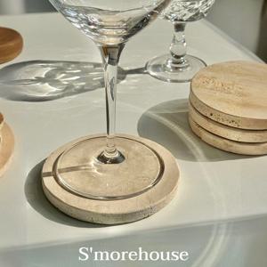 트래버틴 대리석 코스터 세트 4pcs (거치대 포함)