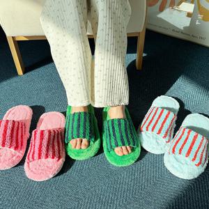 비비드뽀글실내화 스트라이프 털슬리퍼 사무실 소음