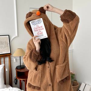 카피바라 로브 바지 세트 극세사 코스튬 수면 잠옷 동물 긴팔 홈웨어 기모 파자마 파티