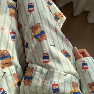 버블티 스트라이프 베어 사계절 긴팔 순면 잠옷 세트 1color