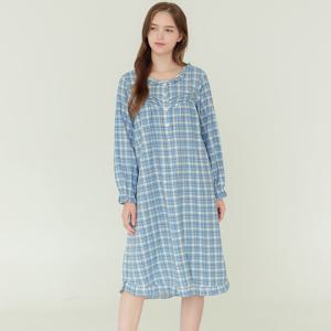 아이스블루 긴팔 약기모 순면 여성 원피스 잠옷