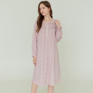베이비핑크잔꽃 긴팔 약기모 순면 여성 원피스 잠옷