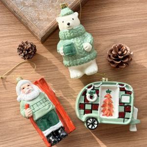캠핑 산타 곰돌이 그린 오너먼트 3종 세트 빈티지 크리스마스 트리 장식