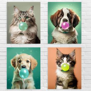 버블껌 풍선껌부는 고양이 강아지 캔버스액자_귀여운 동물그림액자 힐링 아이방