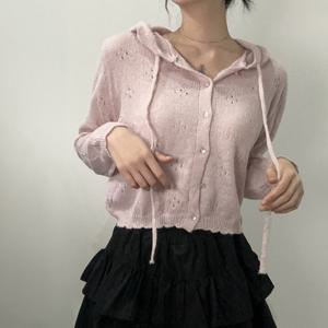 파스텔 색감 펀칭 후드 니트 티 가디건 3color 핑크 크림 그레이 세미크롭 T133