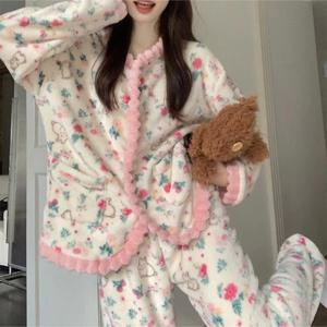 러블리 따듯한 극세사 수면잠옷 겨울 감성 홈웨어 파자마 바지 부드러운 보온 수면 잠옷 세트