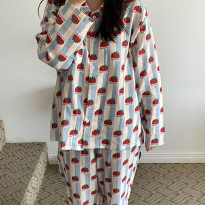 토마토마 잠옷 빅사이즈 순면 거즈면 사계절용 스트라이프 파자마 세트