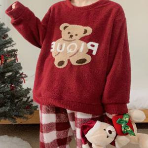 레드 곰모닝 수면잠옷 겨울 여성 극세사 잠옷세트