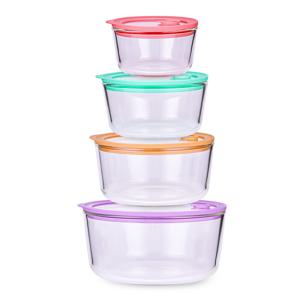 브리드 유리 밀폐용기 4종세트 내열 강화유리 실리콘 패킹 원형 반찬통