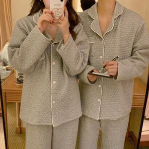 2컬러 누빔도트 모던한 겨울 커플 긴팔 잠옷 따뜻한 홈웨어 파자마 상하세트