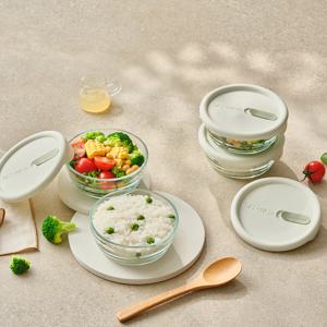 훈맹정음 햇밥유리용기 원형 300ml 4조세트(실리콘캡)