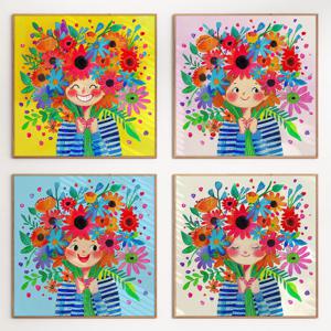 예쁜 일러스트 벽꾸미기 인테리어 그림 소품 캔버스 액자 꽃 행복한 소녀_4종