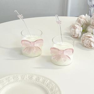 핑크 빅 리본 유리컵 빨대 아이스 커피잔 홈카페 오브제