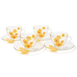 오션글라스 미니 해바라기 커피잔 내열 유리 찻잔 받침 200ml 4인조 세트