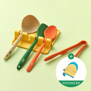 오븐장갑증정/이유식 실리콘 조리도구 5종세트(스파츌라,미니집게,요리스푼,미니국자,거치대)