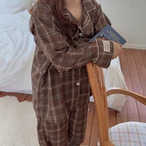 H made 코멜 체크 피치기모 긴팔 커플 수면잠옷 파자마 세트 3color