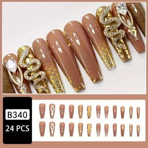 TEMU 24개 세트 긴 발레 네일 우아한 골든 메탈 스네이크 반짝이 라인스톤 프렌치 프레스온 인조 손톱 방수 제거 가능한 젤리 글루 스티커