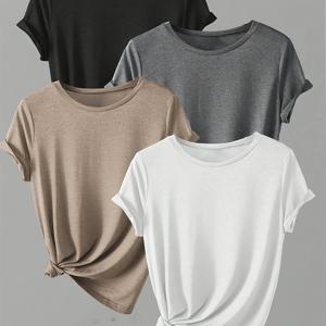 TEMU 4pcs 여성 캐주얼 반팔 티셔츠 - 솔리드 컬러 라운드넥 여름 티, 통기성 & 세탁 가능, 4가지 색상 (블랙/다크 그레이/네이비/화이트), 다용도 의류, 심플 디자인, 고품질 소재