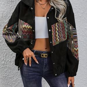 TEMU 봄과 가을을 위한 여성용 트라이벌 프린트 버튼 프론트 코트, 캐주얼 롱 슬리브 재킷