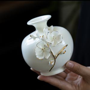 TEMU 수제 화이트 중국 도자기 매화 화병 - 골든 플로럴 패턴 & 블랙 인테리어 - 라운드 전통/모던 장식용 꽃병, 제단, 테이블 센터피스 - 수집용 수공예 도자기 (호환 가능)