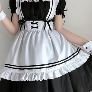 TEMU EMWM 여성용 귀여운 공주 드레스 - 짧은 검정과 흰색 하녀 코스튬, 러플 스커트 포함, 무료 앞치마 및 헤드피스 타이 포함, 폴리에스터, 세탁기 사용 가능