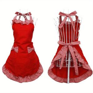 TEMU 매력적인 빈티지 주방 앞치마, 리본 포켓과 주름 장식 밑단 - 조절 가능한 깅엄 리본 - 부활절에 완벽 - 튼튼한 폴리에스테르 소재로 만들어짐