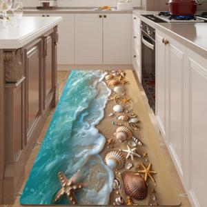 TEMU 아늑한 바다 해변 별똥별과 조개 패턴 플란넬 러그 - 세탁기 사용 가능, 미끄럼 방지 매트, 거실, 침실, 주방, 복도 등에 적합 - 내구성 있는 폴리에스터, 다양한 사이즈 선택 가능