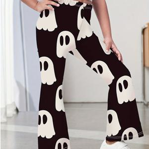 TEMU 여성용 할로윈 스컬 프린트 플레어 팬츠, 패션 높은 스트레치 니트 소재, 스커트 핏, 긴 길이, 폴리에스터 90% 엘라스탄 10%, 올 시즌, 벨트 없음