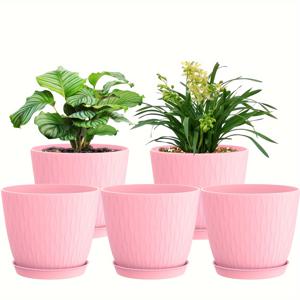 TEMU 5개 6인치 파도 무늬 플라스틱 화분, 배수구 및 접시 포함 - 다육식물, 선인장, 허브, 난초, 알로에 및 민트에 적합 - 화이트, 그린, 블랙, 핑크, 실내 식물, 작은 정원용