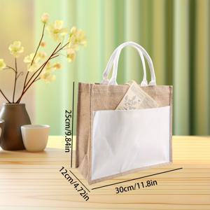 TEMU 여성용 고품질 주트 핸드백 - 내추럴 베이지 & 화이트 투톤 재사용 가능한 쇼핑백, 튼튼한 손잡이, 넉넉하고 내구성 있는 원단, 해변, 장보기, 캐주얼 외출, 재사용 가능한 접이식 쇼핑백