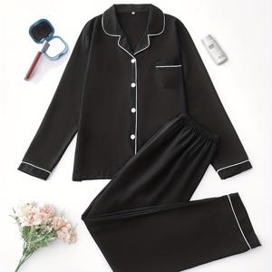 TEMU 리스클로 여성용 긴 파자 세트, 단색 라펠 칼라 버튼 포켓 긴팔 상의 및 긴 바지, 95% 폴리에스테르 5% 엘라스탄, 가을/겨울용 편안한 캐주얼 홈웨어, 110gsm 직조 직물