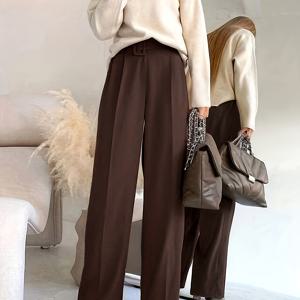 TEMU 여성 우아한 레그 팬츠 | 폴리에스터 벨트 포함 | 단색, 루즈핏 | 캐주얼 및 공식 행사에 적합 | 봄/가을 컬렉션, 캐주얼 웨어 팬츠 | 버클 디테일 팬츠 | 부드러운 질감의 원단