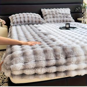 TEMU 1개 고급 인조 토끼 모피 플러시 침대 커버 - 울트라 소프트, 따뜻하고 피부 친화적 | 기계 세탁 가능하고 탄력 있는 밴드 | 탈모나 변색 없음 | 침실 및 게스트룸 편안함에 이상적