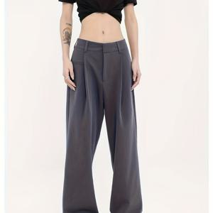 TEMU 여성용 세련된 블랙 와이드 레그 팬츠 - 캐주얼 루즈핏, 지퍼 플라이, 폴리에스테르, 긴 길이, 키가 높은 여성용 여름 드롭 팬츠, 캐주얼 의상|세련된 드롭 팬츠|지퍼 팬츠