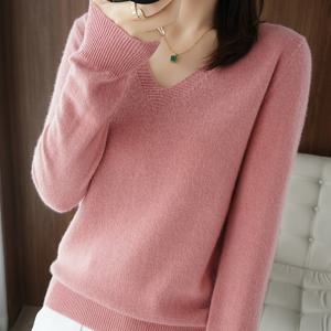 TEMU 여성용 소프트 핑크 V넥 긴팔 스웨터 - 캐주얼 엘레강트 가을 겨울 상의, 중간 신축성 솔리드 컬러 비투명 원단, 손세탁/드라이클리닝 가능, 편안한 핏