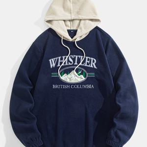 TEMU 1pc 위슬러 브리티시 컬럼비아 자수 프리피 후드 티셔츠 남성용 - 두꺼운 플리스, 긴 소매, 후드, 니트 직물, 약간의 신축성, 루즈한 핏, 정상 길이, 알파벳 패턴입니다.