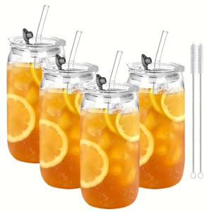 TEMU 뚜껑과 빨대가 있는 2/4/6개 유리컵 세트, 음료용 컵, 아이스커피 용기와 뚜껑 및 빨대 커버, 16온스 유리 텀블러와 빨대 및 뚜껑