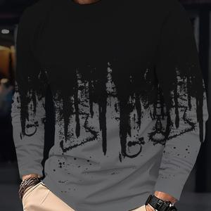 TEMU 남성용 캐주얼 그라데이션 긴팔 티셔츠 - 폴리에스터, 세탁기 사용 가능, 라운드 넥 - 가을/겨울에 완벽함