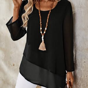TEMU 우아한 여성용 세미시어 비대칭 밑단 블라우스 - 더블 레이어 불규칙 밑단 디자인, 가벼운 라운드넥 긴팔 탑, 봄 여름 가을용 기계세탁 가능 레귤러 핏, 캐주얼부터 포멀까지 다재다능한 시즌 패션, 장식 태슬 디테일, 솔리드 컬러