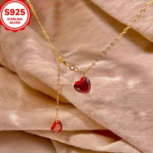 TEMU 925 실버 레드 하트 합성 지르코니아 목걸이, 고급스럽고 다용도로 사용 가능한 디자인의 섬세한 칼라본 펜던트