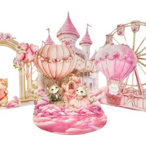 TEMU 1개 3D 팝업 러브 캣 그리팅 카드, 로맨틱 캐슬 및 풍선 디자인, 봉투 포함 종이 공예 카드, 데이, 생일, 어머니의 날 - 모든 수령자에게 적합