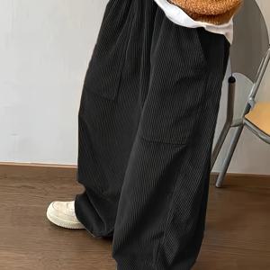 TEMU 남성용 슈퍼 루즈핏 코듀로이 바지 - 사이드 포켓이 있는 미드 라이즈 캐주얼 트라우저, 봄/가을용 세탁기 사용 가능 편안함, 단색, 레귤러 길이, 편안한 핏 바지 | 스타일 | 부드러운 질감|냉장고바지|남자옷|옷