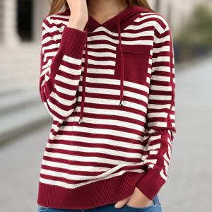 TEMU 여성용 캐주얼 후드 스웨트셔츠 - 그레이 & 화이트 가로줄무늬, 루즈핏, 세탁기 사용 가능, 가을 겨울 따뜻함, 다목적 의류, 후드넥라인, 내구성 있는 소재