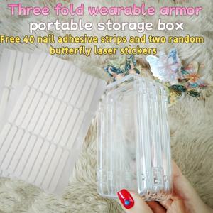 TEMU 웨어러블 네일용 투명 보관함, 3단 휴대용 보관함, 네일 접착제 스트립 40개와 랜덤 나비 레이저 스티커 2개 포함, 18쌍의 네일 보관 가능|폴딩박스