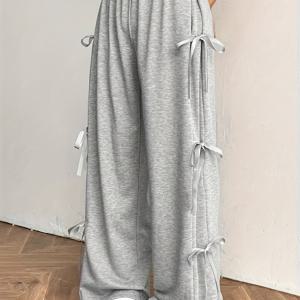 TEMU 플러스 사이즈 여성용 캐주얼 슬랙스, 리본 장식 - 사계절용 레그 디자인, 매일 착용 가능한 솔리드 컬러 바지