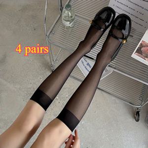 TEMU 여성용 4 쌍의 얇고 긴 무지개색 폴리에스터 200g/m² 니트 소재 양말, 블랙과 화이트, 중간 튜브, 손세탁, 봄, 여름, 일상 사용