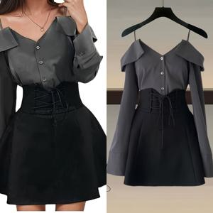 TEMU 여성 여름 2pcs 세트 스트리트웨어 Y2K Rash Neck Ruffle 패치워크 오프 숄더 긴팔 셔츠 + 하이 웨이스트 레이스 업 밴디 A라인 미니 스커트 세트 2025년 신상 여성 의류 2pcs